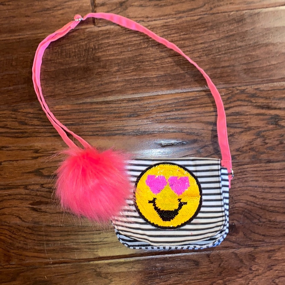 Emojination 2 emoji flip sequins black white striped purse pink strap fluff ball
